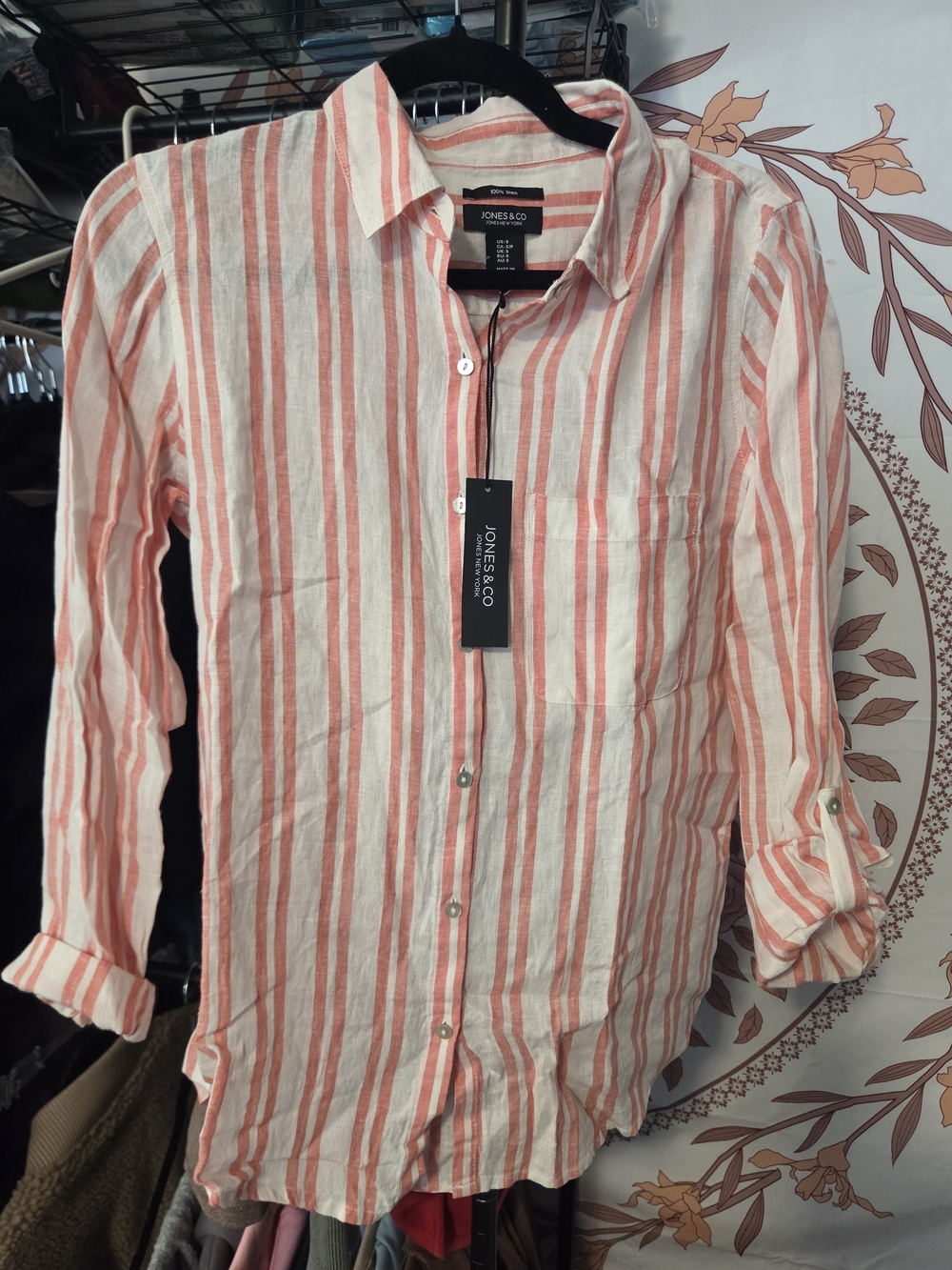 Jones & Co. Women's White and Coral Striped Button-Down Blouse
